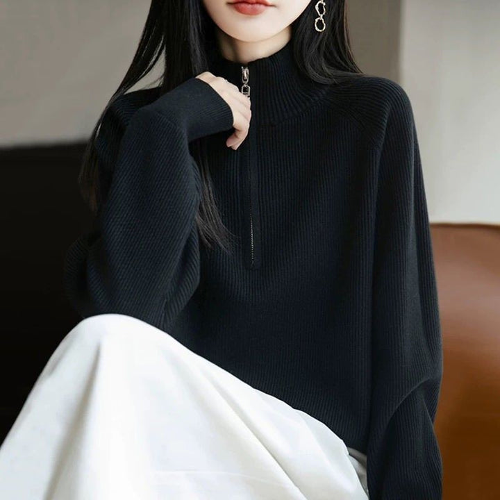 Damen modischer Pullover mit hohem Kragen und Reißverschluss Drune