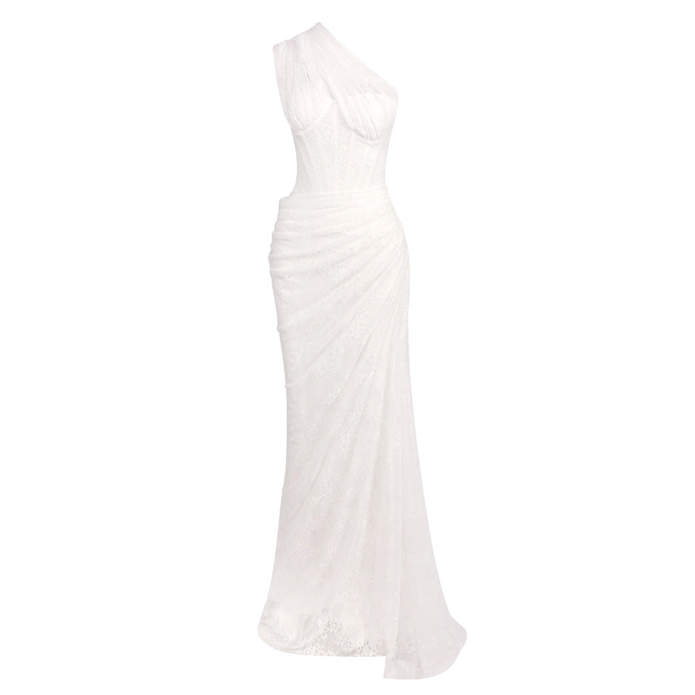Damen elegantes Abendkleid mit asymmetrischem One-Shoulder-Design und floralem Spitzenbesatz Drune