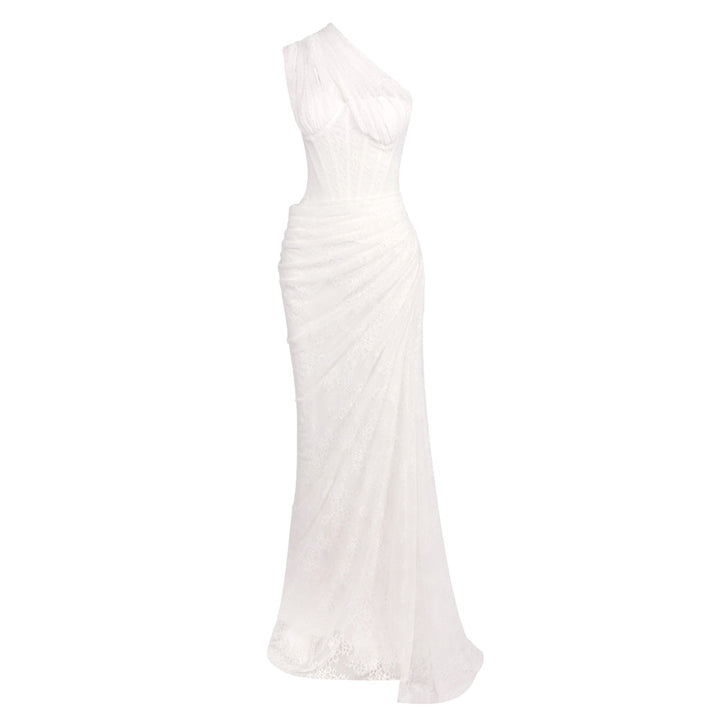 Damen elegantes Abendkleid mit asymmetrischem One-Shoulder-Design und floralem Spitzenbesatz Drune