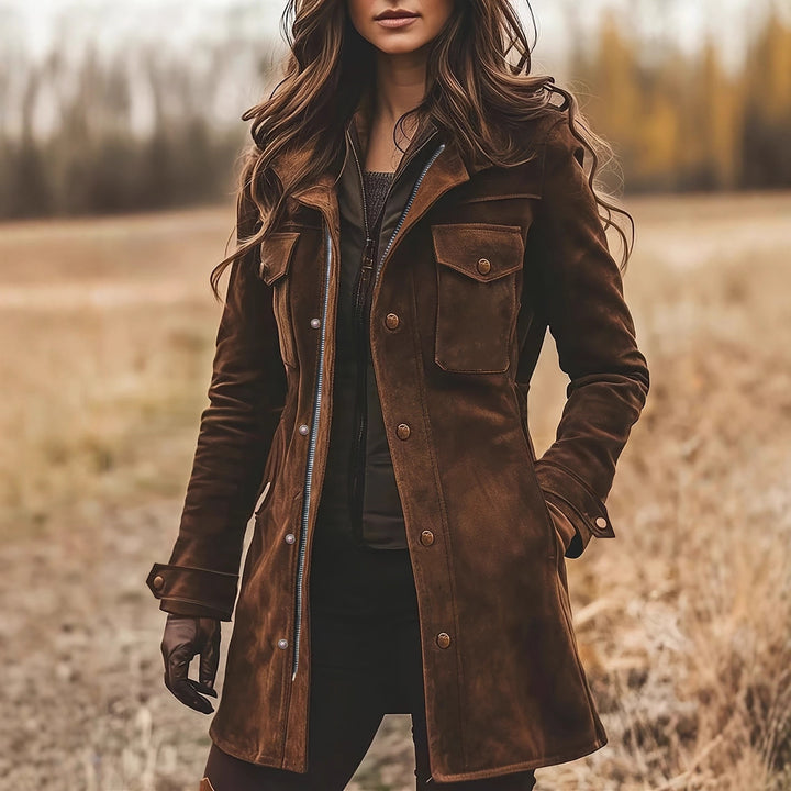 Damen Langjacke aus Veloursleder mit Utility-Taschen und verdecktem Reißverschluss Drune
