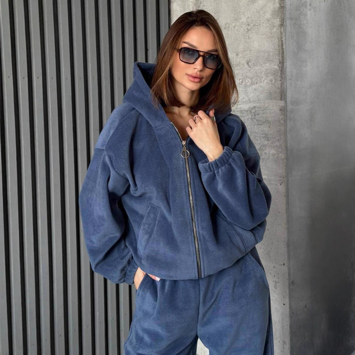 Damen Plüsch-Loungewear-Set mit Reißverschluss-Kapuzenjacke und taillenhoher Jogginghose Drune