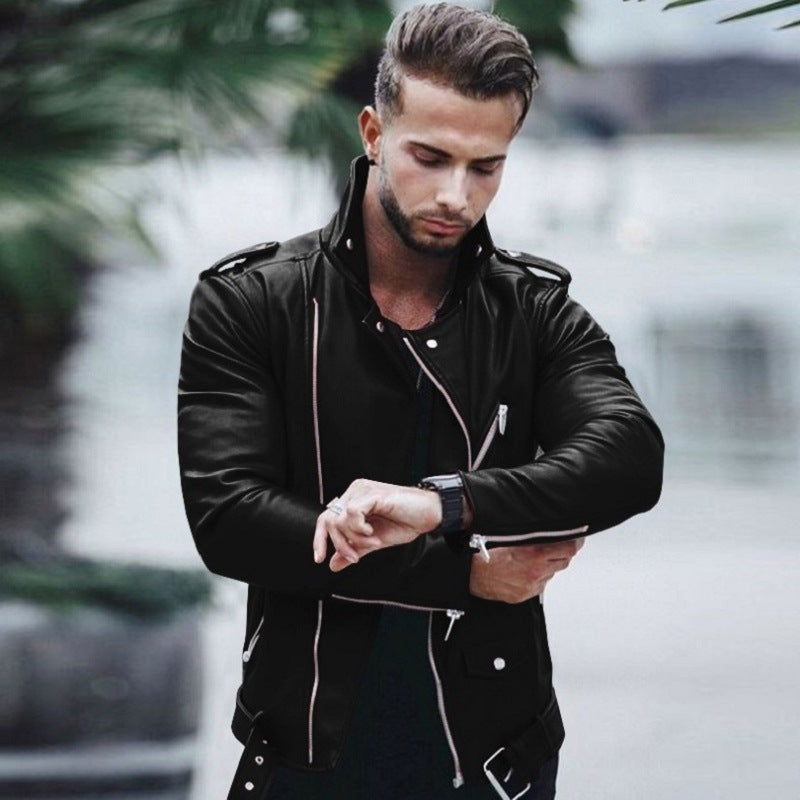 Herren nan stylische Bikerjacke aus Kunstleder mit asymmetrischem Reißverschluss und tailliertem Schnitt Drune