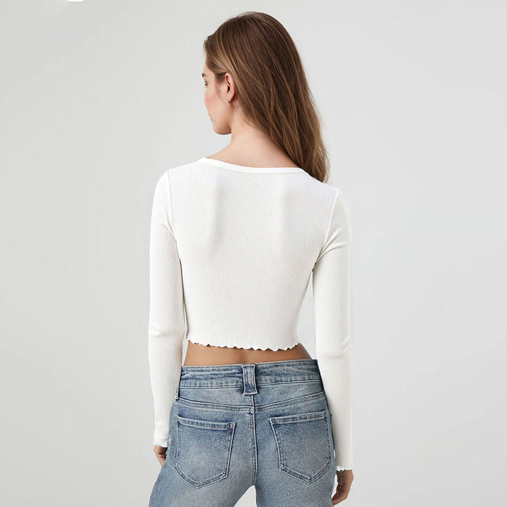 Damen cropped Langarmshirt mit verspieltem Rüschensaum Drune