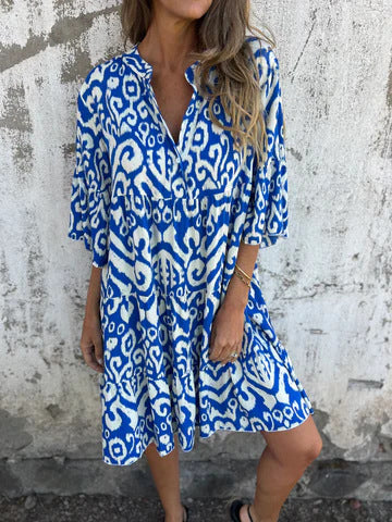 Damen lässiges Kleid mit V-Ausschnitt und dekorativem Muster Drune