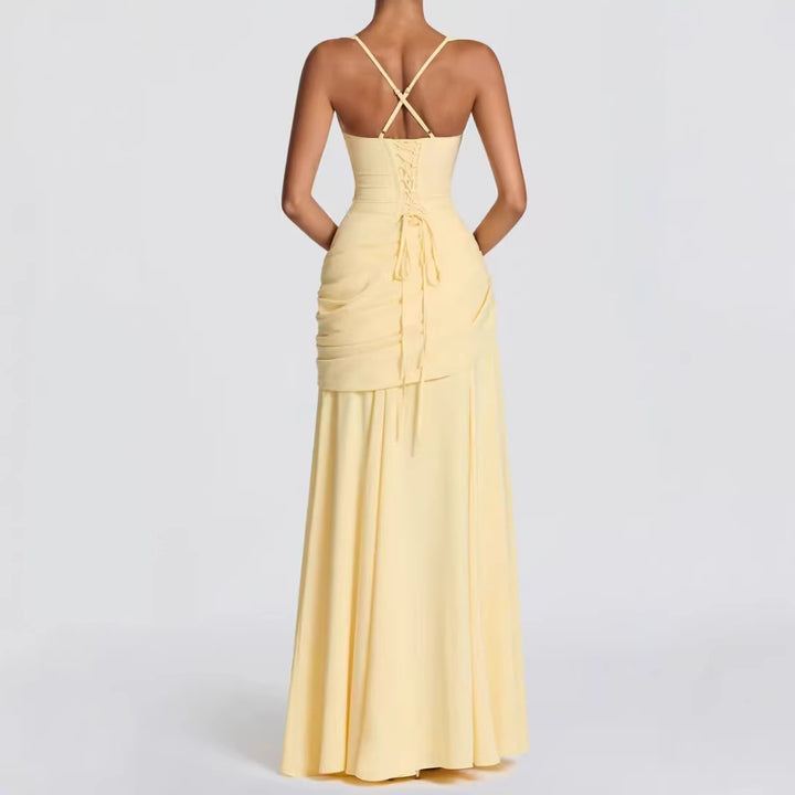 Damen Elegantes Hochzeitskleid mit taillierten Rüschen und schwingendem Chiffonrock Drune
