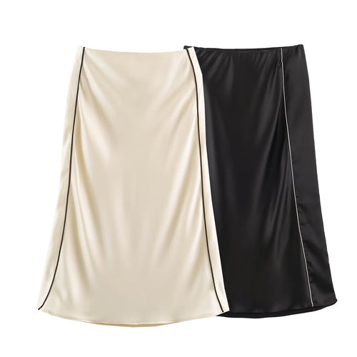 Damen Satin-Midirock mit seitlicher Überlappung und Kontrastpaspel Drune