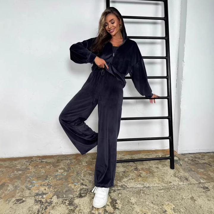 Damen luxuriöses Velours-Lounge-Set mit kurzem Reißverschluss-Hoodie und weitem High-Waist-Hose Drune