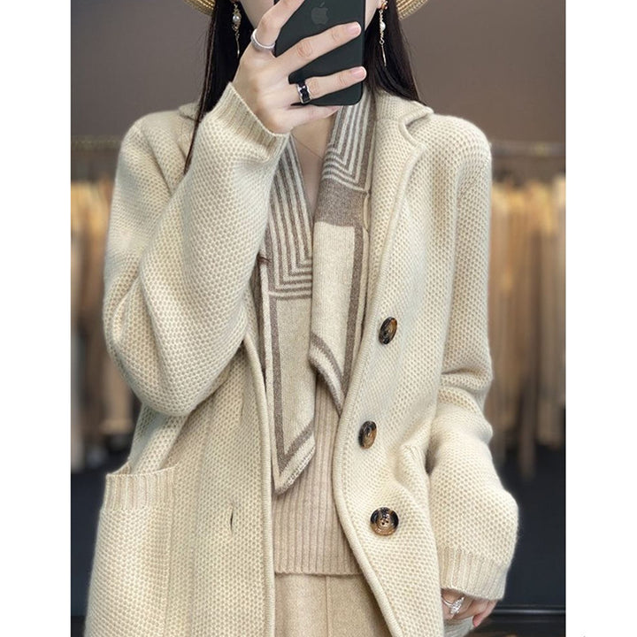 Damen kuschelige Strickjacke mit großen Taschen und elegantem Knopfverschluss Drune