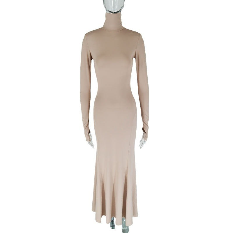 Damen figurbetontes Maxikleid mit hohem Kragen und langen Ärmeln Drune