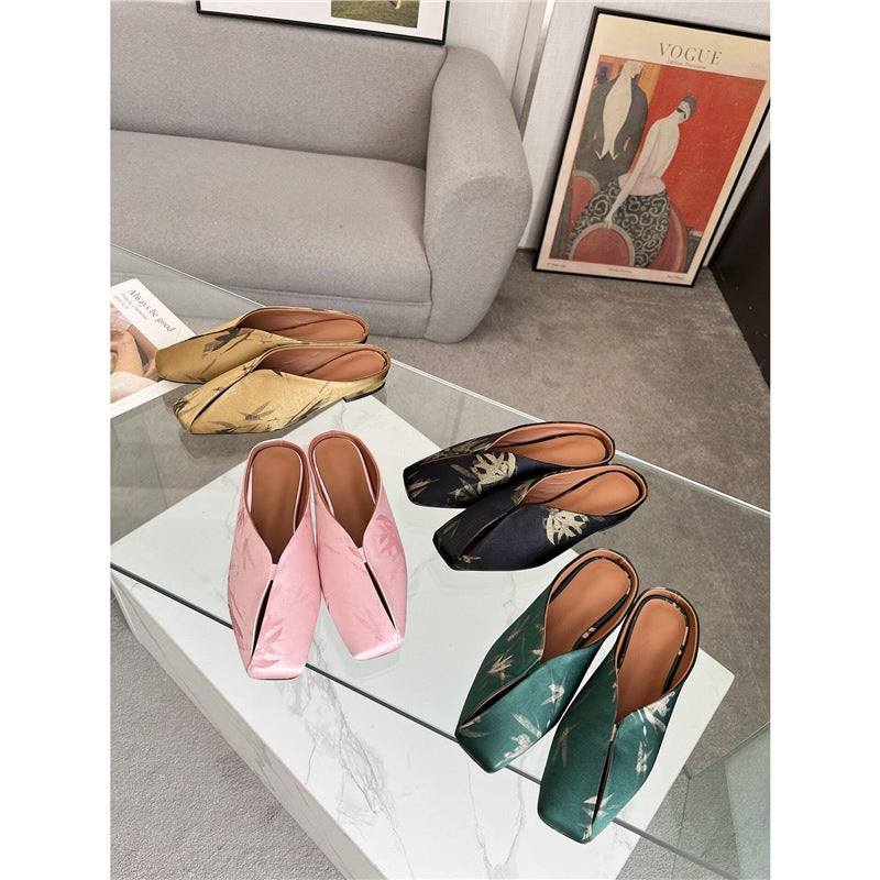 Damen fersenfreie spitz zulaufende Jacquard-Mules mit floralem Metallic‑Muster und flachem Absatz Drune