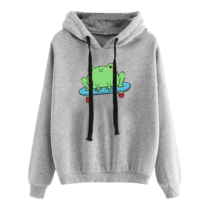 Damen nan kurz geschnittener Cropped-Kapuzenpullover mit niedlicher Frosch-Illustration und verstellbarer Kapuze Drune