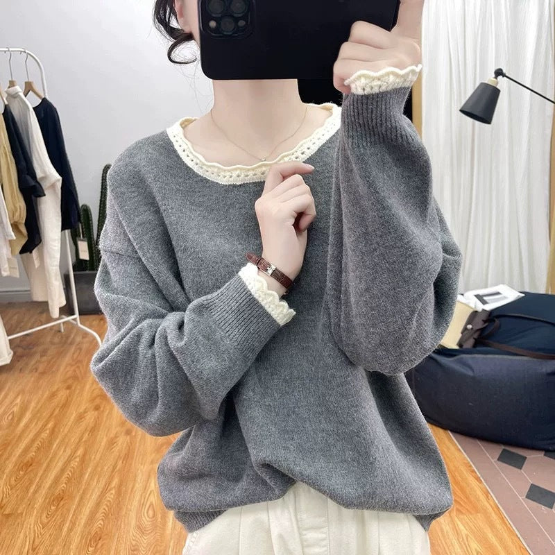 Damen Pullover im lässigen Oversized-Stil mit romantischem Spitzenrand Drune