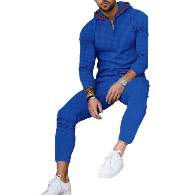 Herren nan Slim-Fit Waffel-Strick Kapuzen-Set mit Halbzip, kontrastgefütterter Kapuze und tapered Jogginghose Drune
