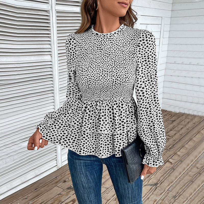 Damen Gesmoktes Chiffon-Blusenshirt mit Stufen-Peplum und Rüschenärmeln Drune