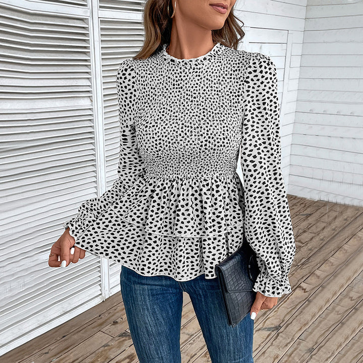 Damen Gesmoktes Chiffon-Blusenshirt mit Stufen-Peplum und Rüschenärmeln Drune