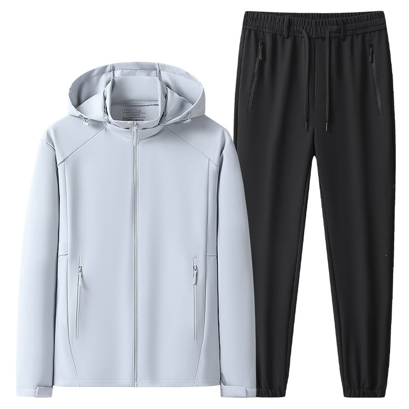 Herren Wetterfester Softshell-Trainingsanzug mit Kapuzen‑Zipjacke, Reißverschluss‑Taschen & konischer Jogginghose Drune