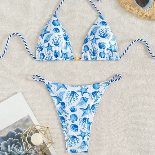 Damen Triangel-Bikini mit maritimen Motiven und verspielten Kordelbindungen Drune