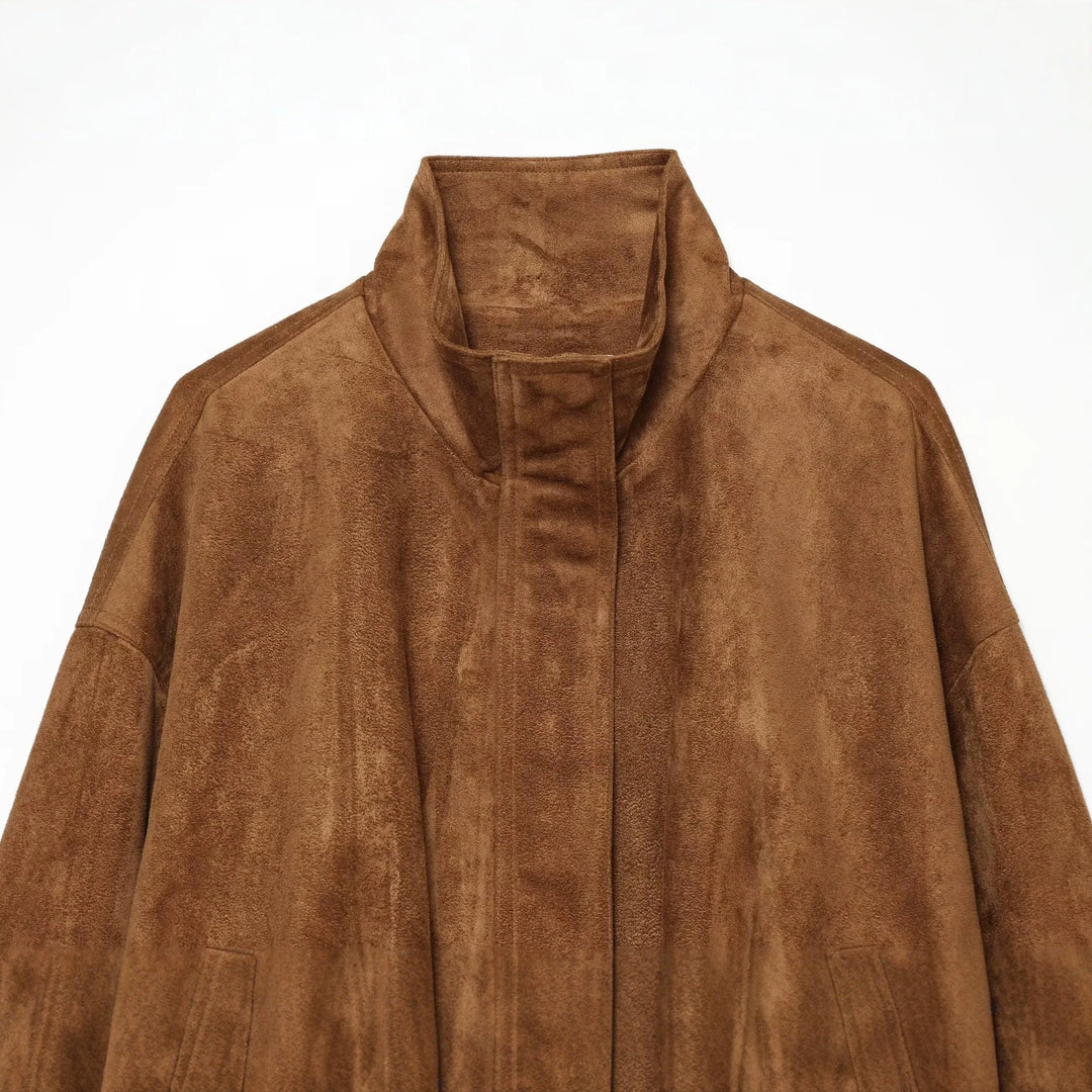 Damen Kurz geschnittene Oversize-Suede-Blousonjacke mit Stehkragen Drune