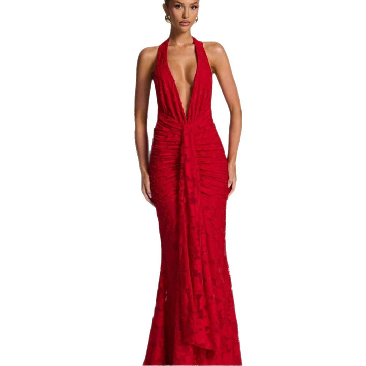 Damen Elegantes Maxikleid mit tiefem V-Ausschnitt und gerafftem Design Drune