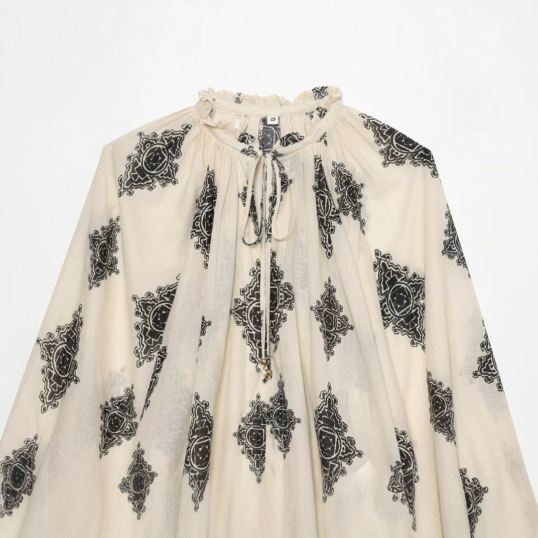 Damen Weite Boho-Bluse mit Rüschkragen, Tunnelzug und Ballonärmeln Drune