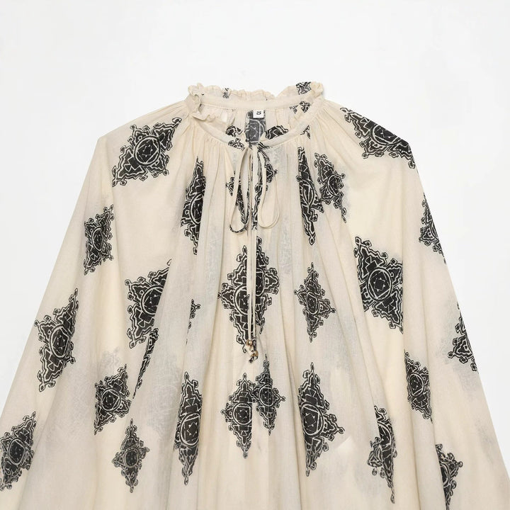 Damen Weite Boho-Bluse mit Rüschkragen, Tunnelzug und Ballonärmeln Drune