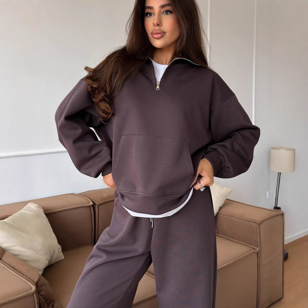 Damen Bequeme und elegante Langarm-Pullover mit Reißverschluss und weiten Jogginghose Drune