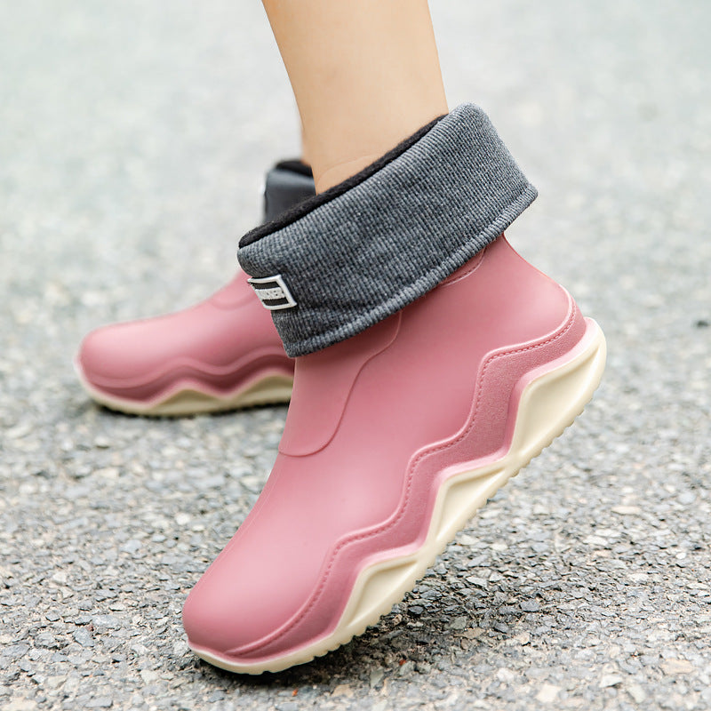 Damen Wasserdichte Slip-On Ankle‑Gummistiefelette mit umgeschlagenem Strickkragen Drune