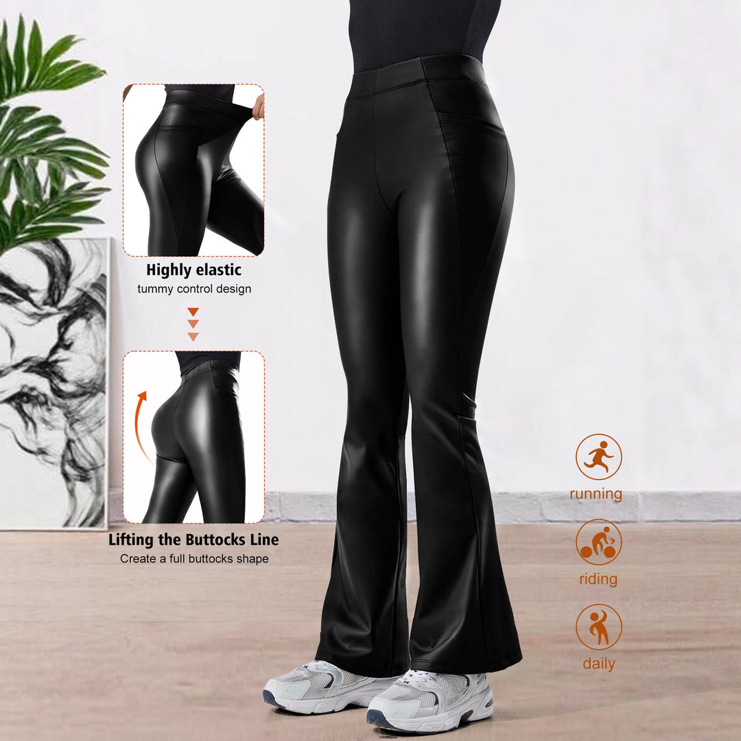 Damen Hochtaillierte Kunstleder-Flared-Leggings mit V-Seitentasche und figurformender Passform Drune