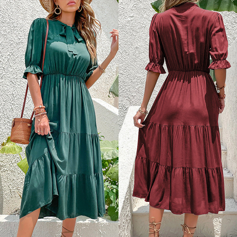 Damen Midi-Kleid mit Rüschendetails und Bindegürtel Drune