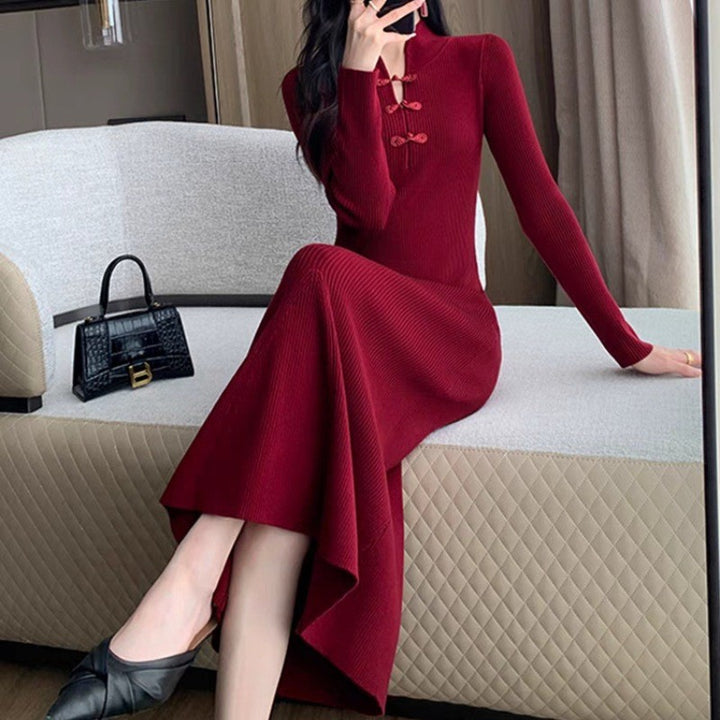 Damen Elegantes Strickkleid mit hohem Kragen und asymmetrischem Saum Drune