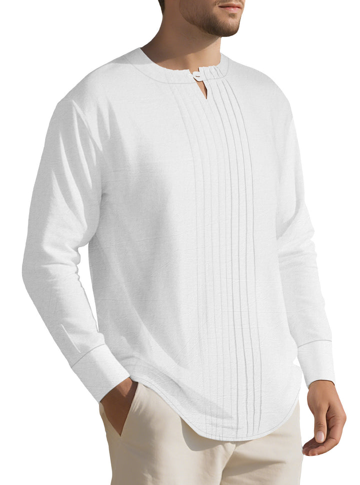 Herren Leichtes Langarmshirt im Leinenlook mit Stehkragen, Kellerfalten und Schlaufenverschluss Drune