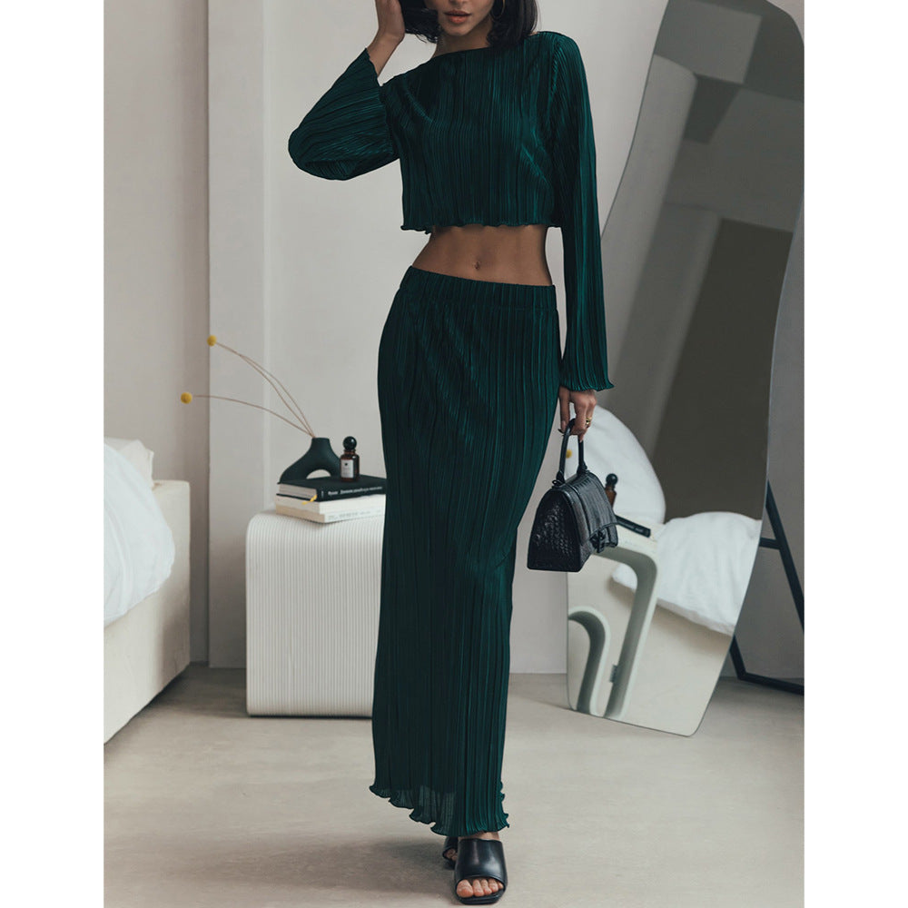 Damen Plissiertes Zweiteiler-Set mit langem Rock und cropped Oberteil Drune