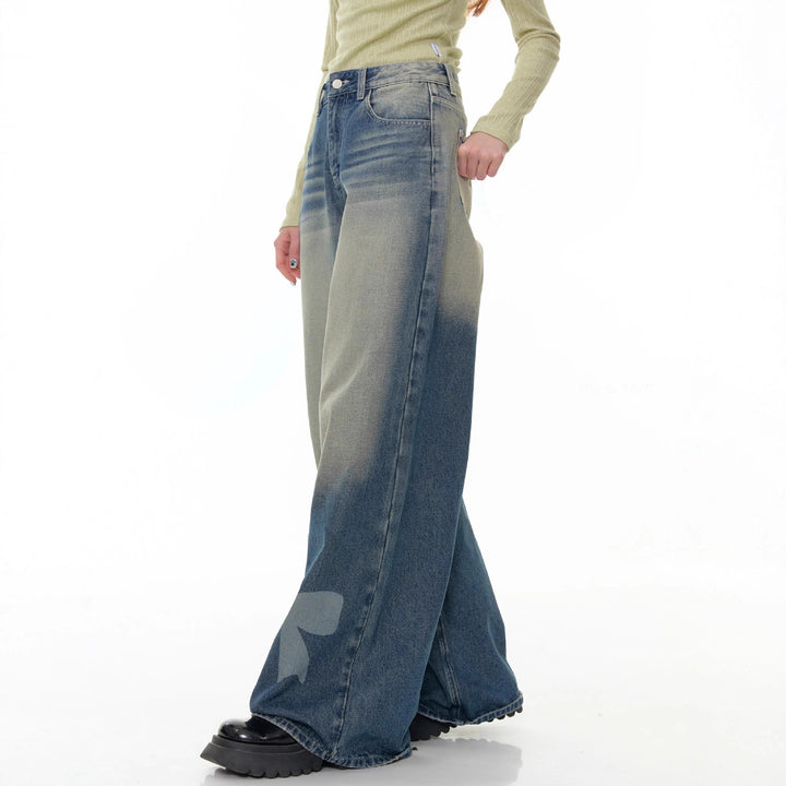 Damen nan hochtaillierte Palazzohose aus Denim mit extra weitem Bein und Schleifenprint Drune