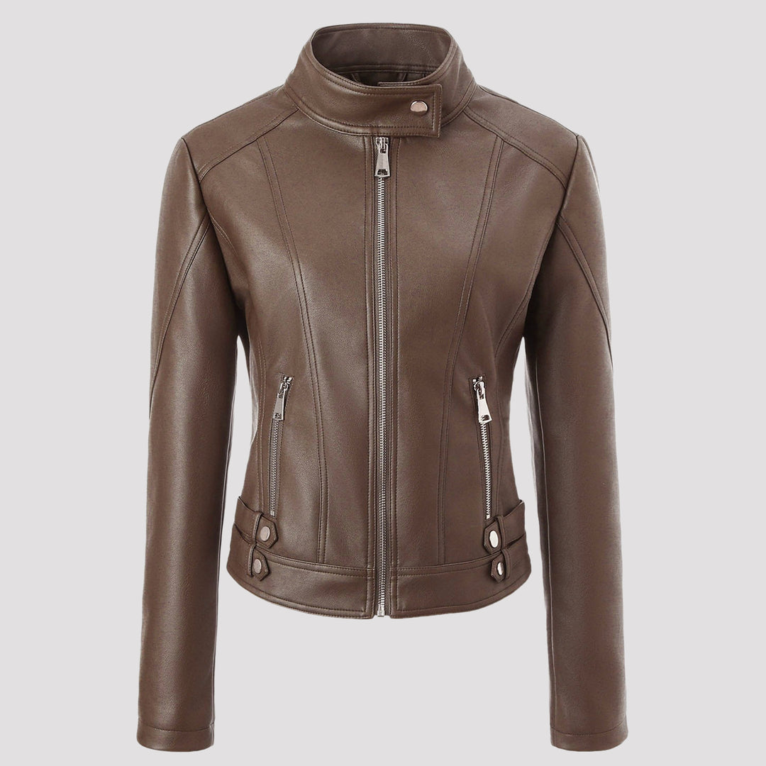 Damen Modische und figurbetonte Kunstlederjacke Drune