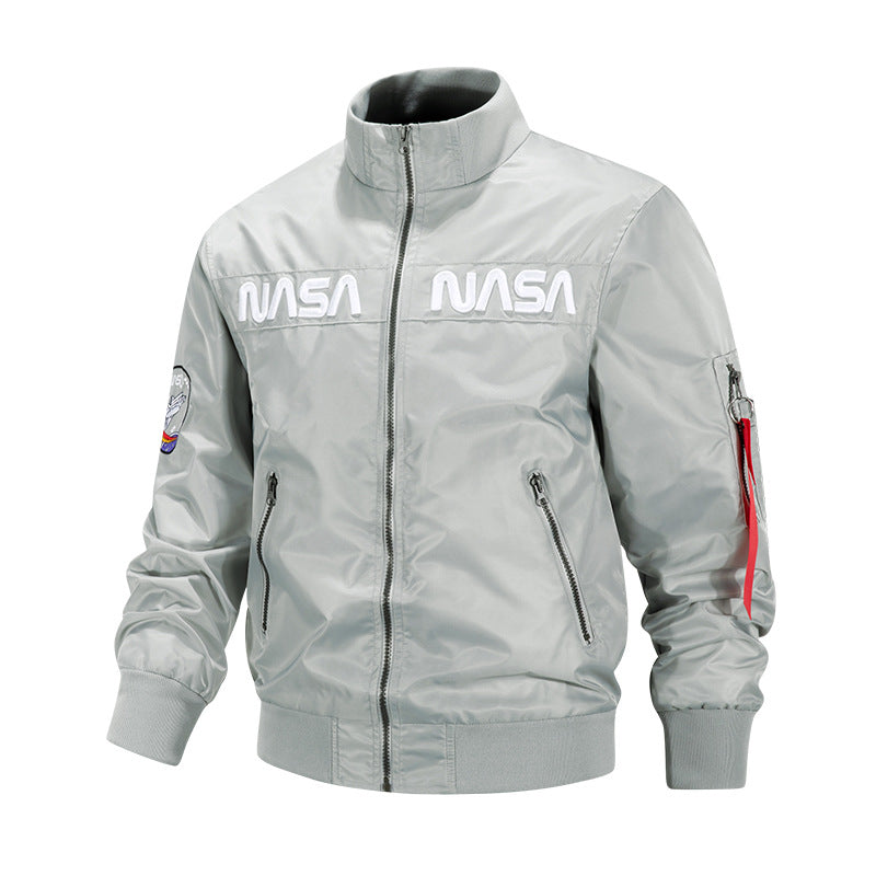 Men's  metallic pilot-style zip-up bomber jacket with embroidered chest panels and angled zip hand pockets Drune