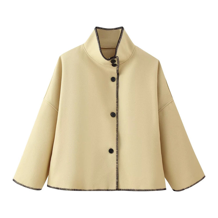 Damen Kurzer kastiger Mantel‑Cape mit Stehkragen und Kontrast‑Ziernaht Drune