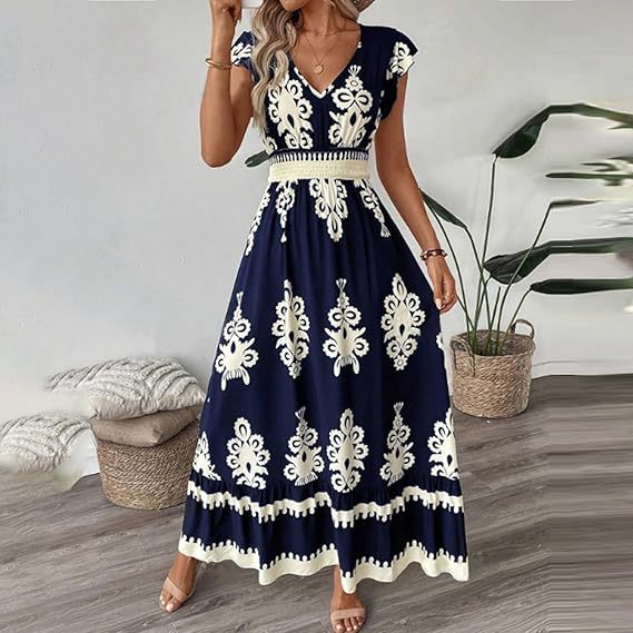 Damen Maxikleid mit einzigartigem grafischen Muster und elastischem Tailleneinsatz Drune