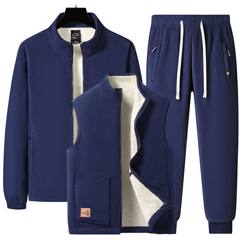 Herren dreiteiliges Fleece-Set mit wattierter Weste, Stehkragenjacke und Jogginghose Drune