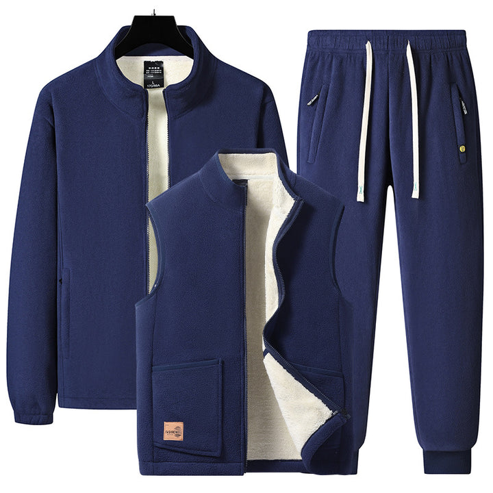 Herren dreiteiliges Fleece-Set mit wattierter Weste, Stehkragenjacke und Jogginghose Drune