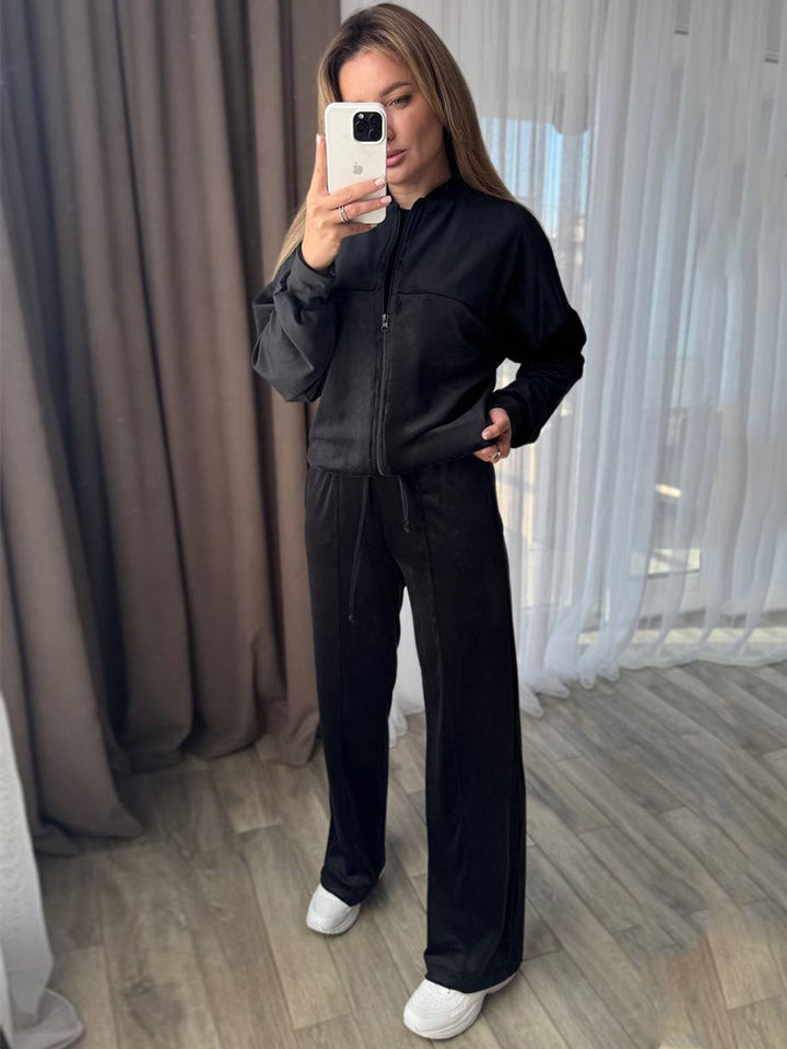 Damen Velours-Trainingsanzug mit Stehkragen und weitem Loungebund-Hosenbein Drune