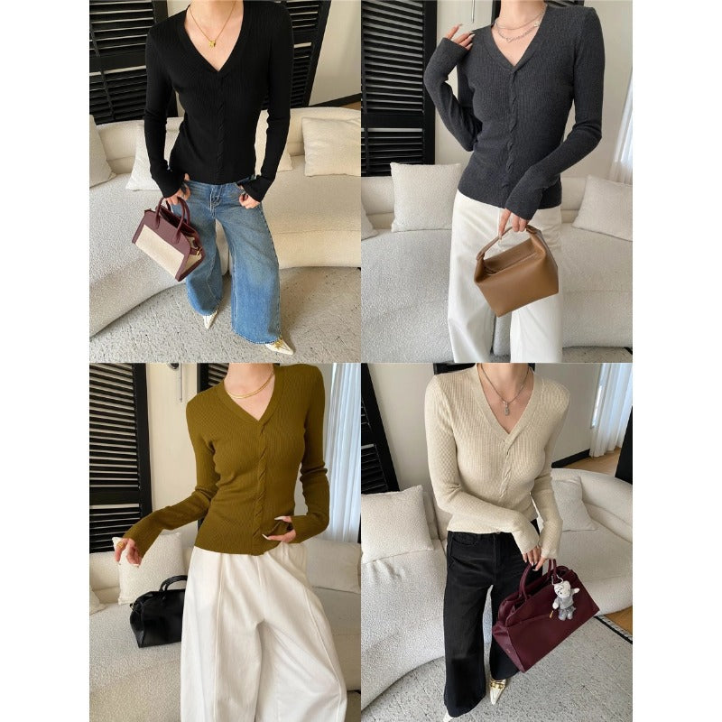 Damen figurbetontes langärmliges Rippoberteil mit V-Ausschnitt und eleganten Knopfdetails Drune