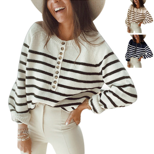 Damen gestreifter Pullover mit Knopfleiste Drune