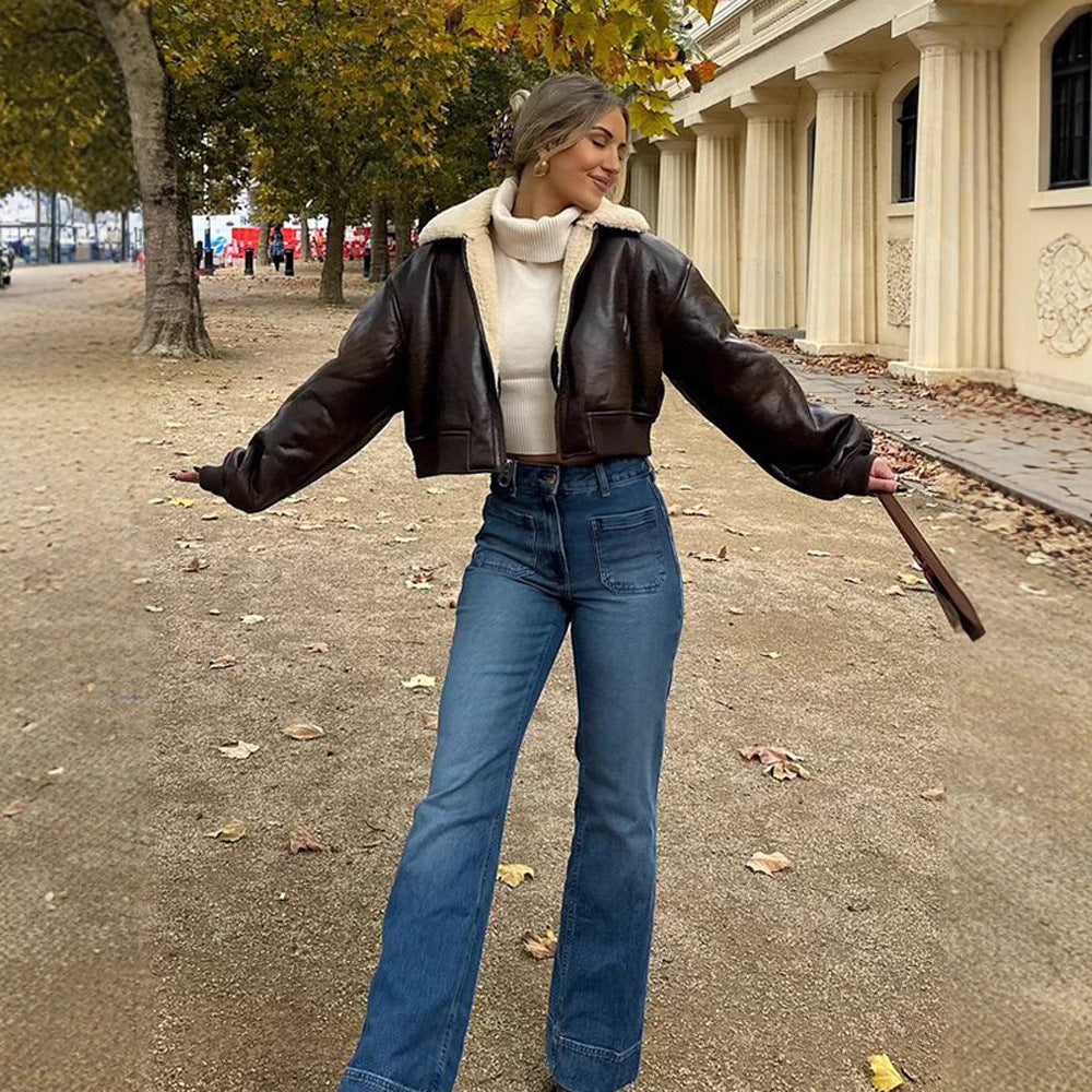 Damen Kurz geschnittene Fliegerjacke mit Teddy-Futter und Oversized-Ärmeln Drune