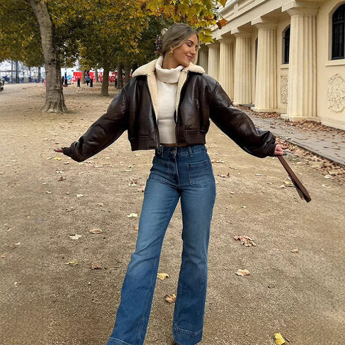 Damen Kurz geschnittene Fliegerjacke mit Teddy-Futter und Oversized-Ärmeln Drune