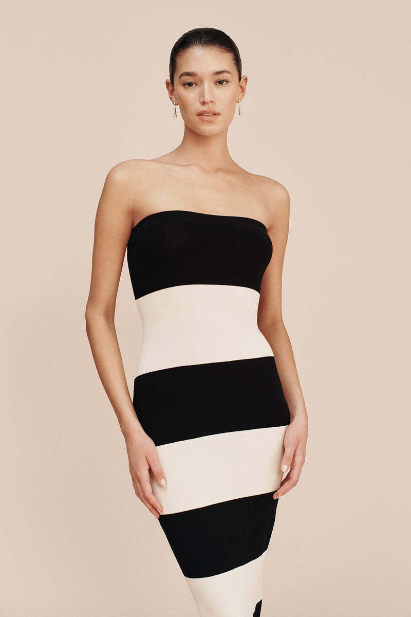 Damen schickes Bandeau-Maxikleid mit grafischem Streifenmuster und figurbetontem Schnitt Drune