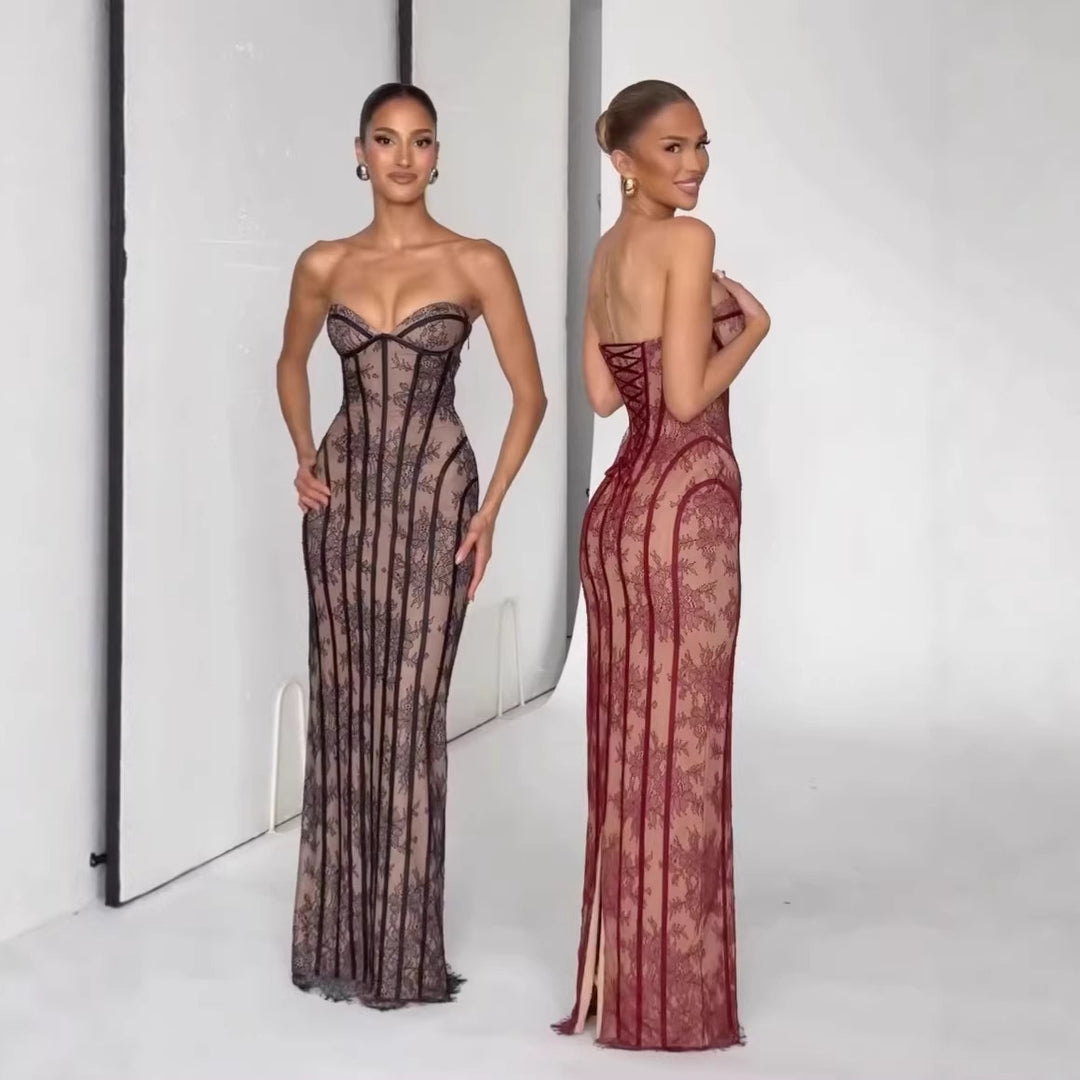 Damen figurbetontes Spitzenkleid mit schulterfreiem Design und elegantem Taillenschnitt Drune