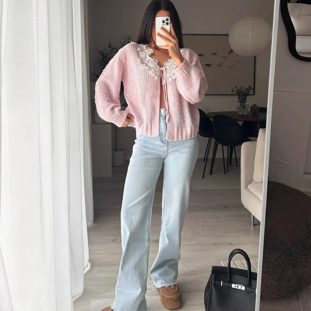 Damen Kuscheliger Mohair-Cardigan mit Zierblumen-Applikationen Drune