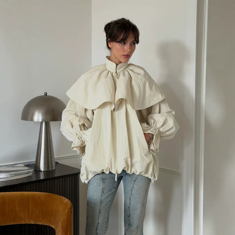 Damen Oversize-Jacke mit Cape-Kragen, Ballonärmeln und Kordelzug Drune