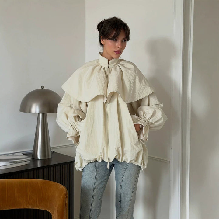 Damen Oversize-Jacke mit Cape-Kragen, Ballonärmeln und Kordelzug Drune