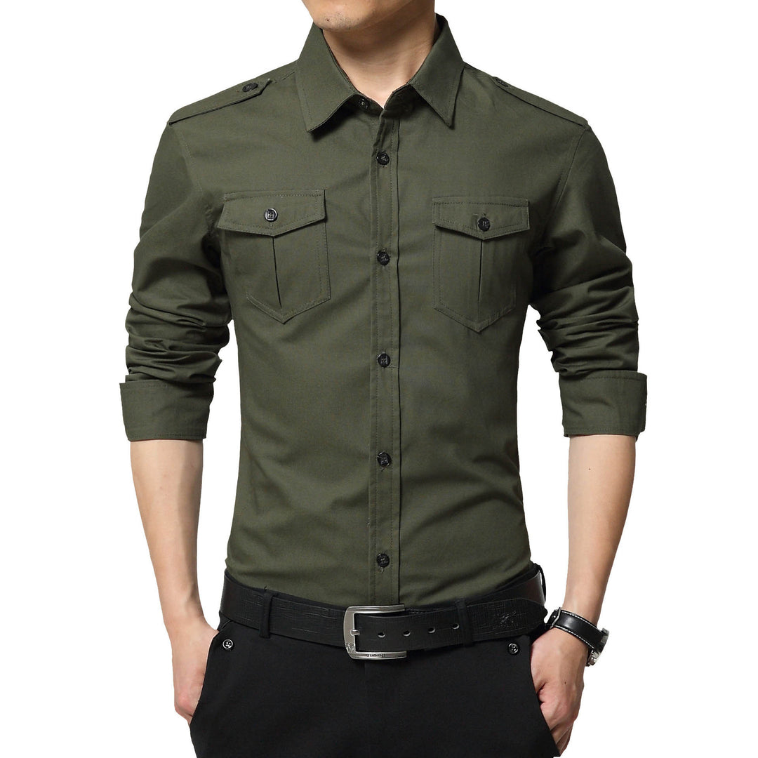 Herren Slim‑Fit Utility‑Hemd mit Schulterklappen und Pattentaschen Drune